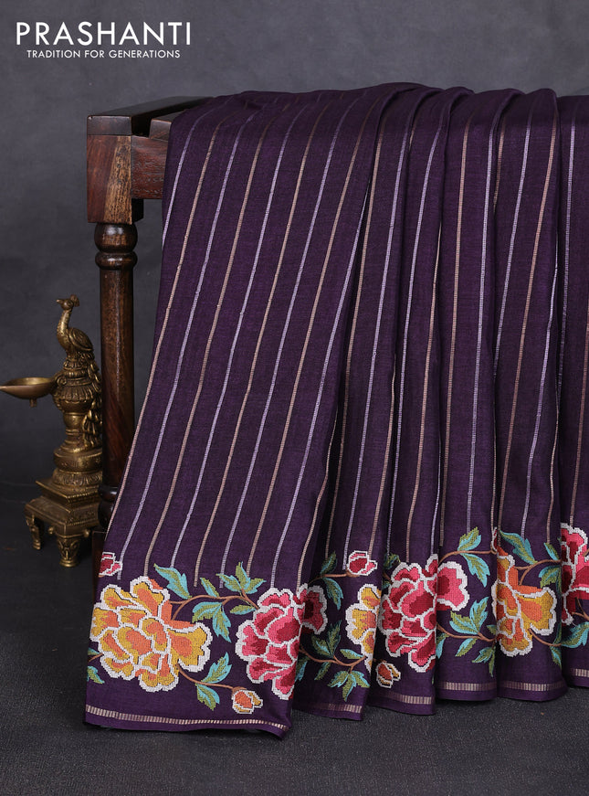 Semi tussar saree deep violet with allover silver & zari stripe pattern and convent embroidery border