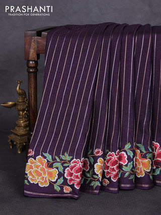 Semi tussar saree deep violet with allover silver & zari stripe pattern and convent embroidery border