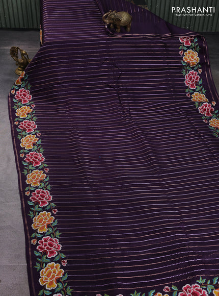 Semi tussar saree deep violet with allover silver & zari stripe pattern and convent embroidery border