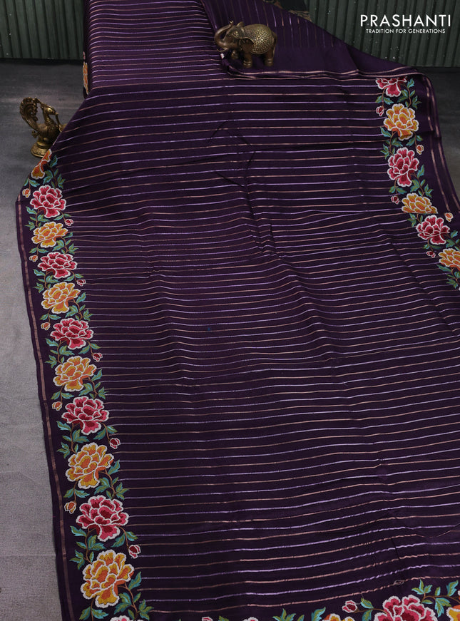 Semi tussar saree deep violet with allover silver & zari stripe pattern and convent embroidery border