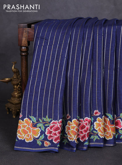 Semi tussar saree navy blue with allover silver & zari stripe pattern and convent embroidery border