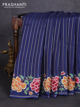 Semi tussar saree navy blue with allover silver & zari stripe pattern and convent embroidery border