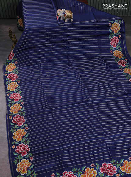 Semi tussar saree navy blue with allover silver & zari stripe pattern and convent embroidery border