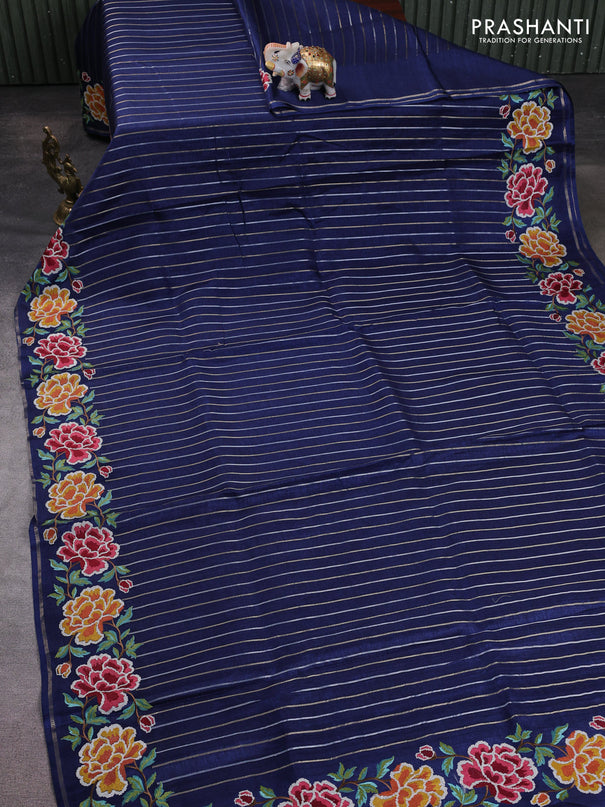 Semi tussar saree navy blue with allover silver & zari stripe pattern and convent embroidery border