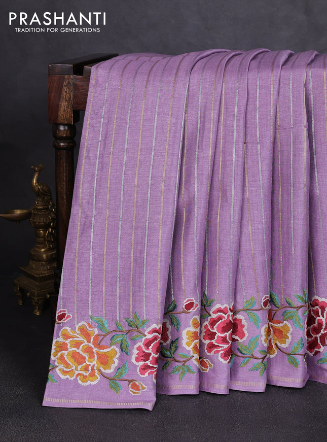 Semi tussar saree lavender with allover silver & zari stripe pattern and convent embroidery border