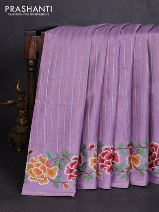 Semi tussar saree lavender with allover silver & zari stripe pattern and convent embroidery border