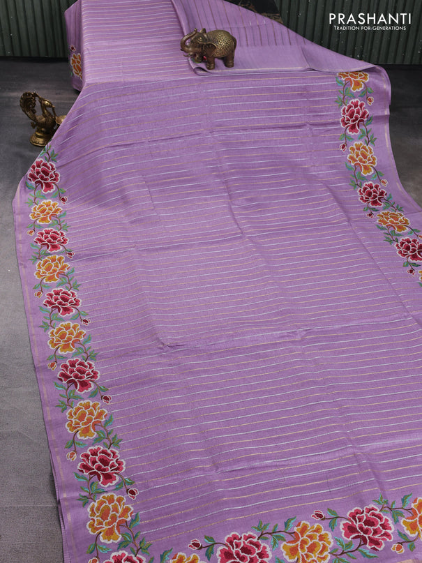 Semi tussar saree lavender with allover silver & zari stripe pattern and convent embroidery border