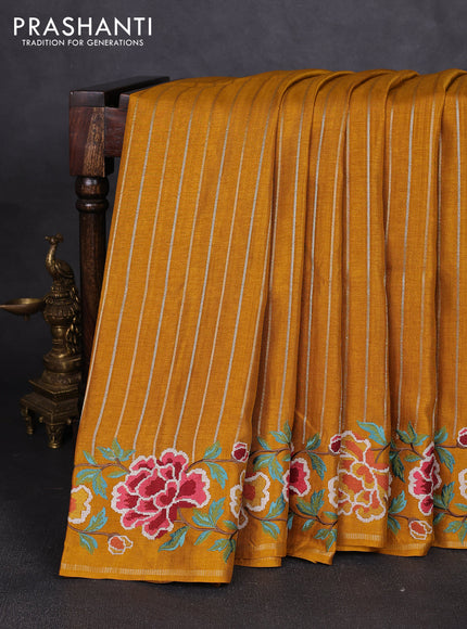 Semi tussar saree mustard yellow with allover silver & zari stripe pattern and convent embroidery border