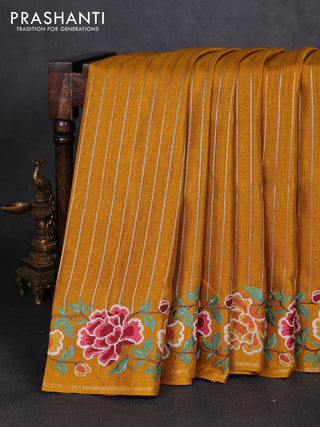 Semi tussar saree mustard yellow with allover silver & zari stripe pattern and convent embroidery border