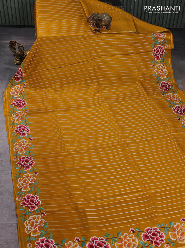 Semi tussar saree mustard yellow with allover silver & zari stripe pattern and convent embroidery border