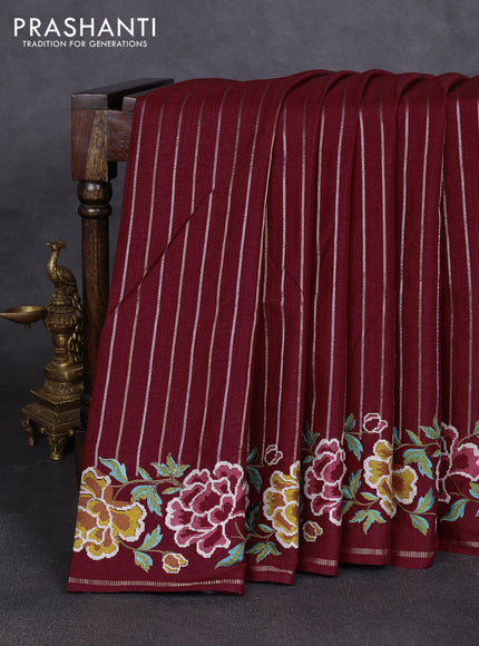 Semi tussar saree deep maroon with allover silver & zari stripe pattern and convent embroidery border