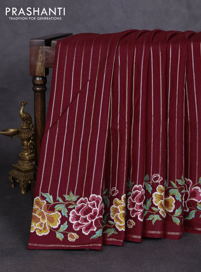 Semi tussar saree deep maroon with allover silver & zari stripe pattern and convent embroidery border