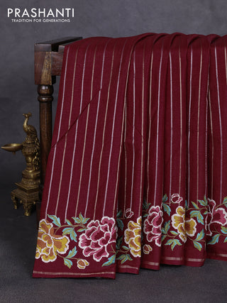 Semi tussar saree deep maroon with allover silver & zari stripe pattern and convent embroidery border