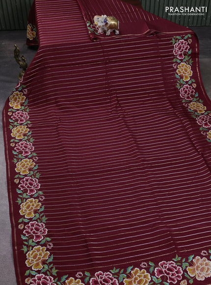 Semi tussar saree deep maroon with allover silver & zari stripe pattern and convent embroidery border
