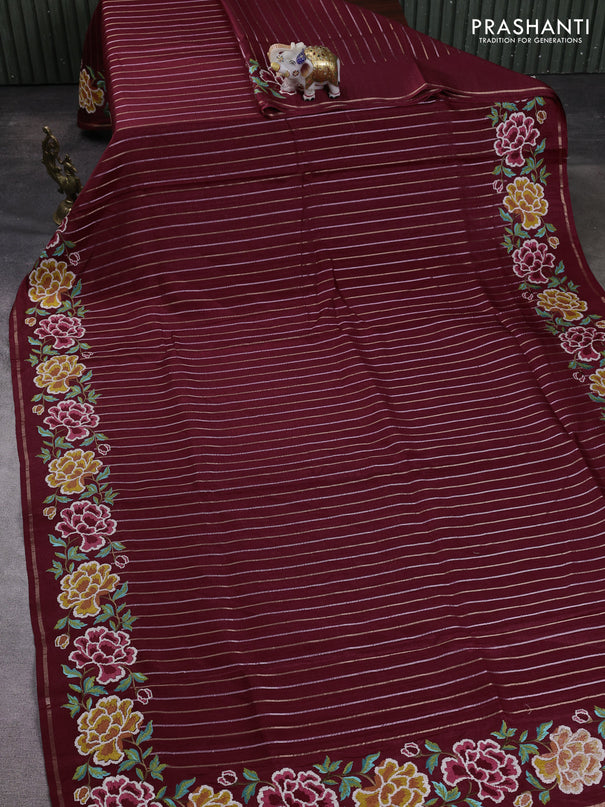 Semi tussar saree deep maroon with allover silver & zari stripe pattern and convent embroidery border