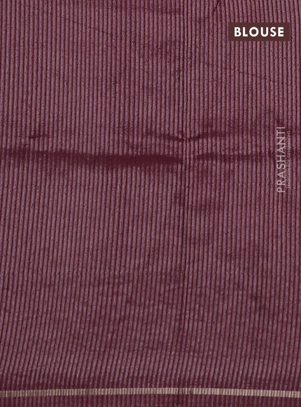 Semi tussar saree deep maroon with allover silver & zari stripe pattern and convent embroidery border