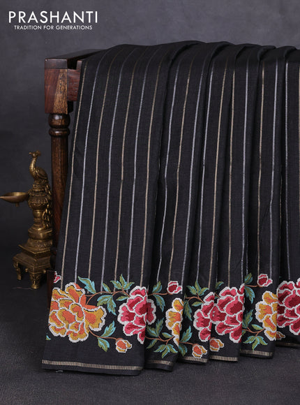 Semi tussar saree black with allover silver & zari stripe pattern and convent embroidery border