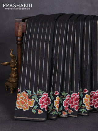 Semi tussar saree black with allover silver & zari stripe pattern and convent embroidery border