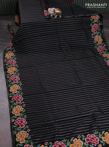 Semi tussar saree black with allover silver & zari stripe pattern and convent embroidery border