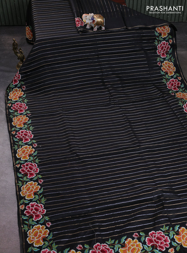 Semi tussar saree black with allover silver & zari stripe pattern and convent embroidery border