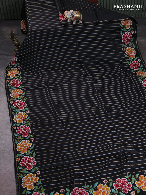 Semi tussar saree black with allover silver & zari stripe pattern and convent embroidery border