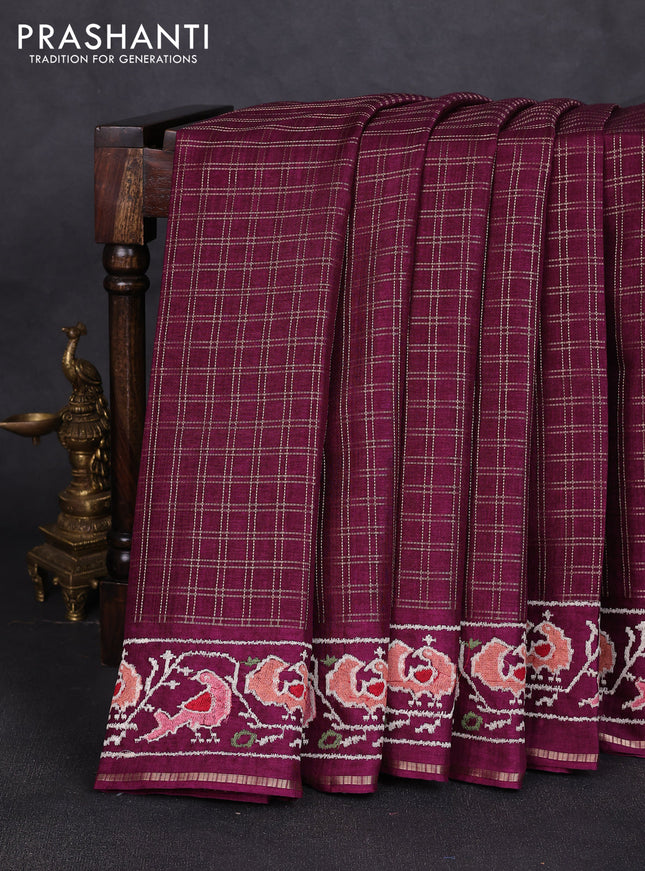 Semi tussar saree deep purple with allover zari checked pattern and embroidery border