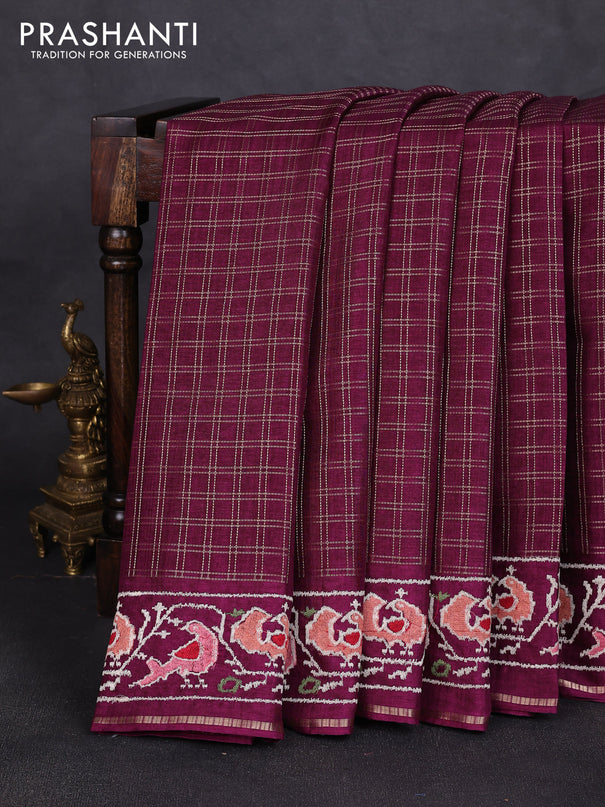 Semi tussar saree deep purple with allover zari checked pattern and embroidery border