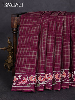 Semi tussar saree deep purple with allover zari checked pattern and embroidery border