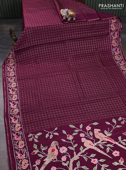 Semi tussar saree deep purple with allover zari checked pattern and embroidery border