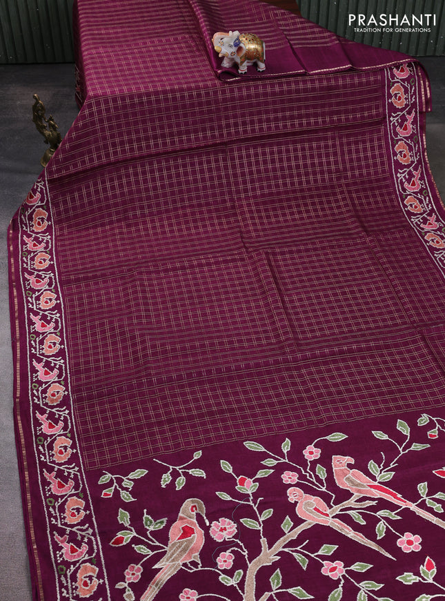 Semi tussar saree deep purple with allover zari checked pattern and embroidery border