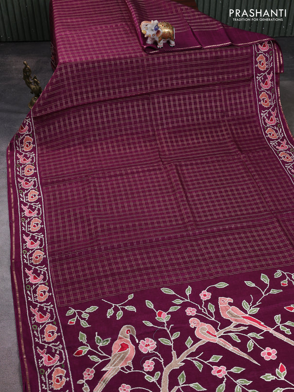 Semi tussar saree deep purple with allover zari checked pattern and embroidery border