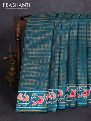 Semi tussar saree peacock green with allover zari checked pattern and embroidery border