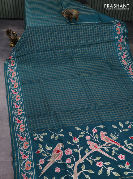 Semi tussar saree peacock green with allover zari checked pattern and embroidery border