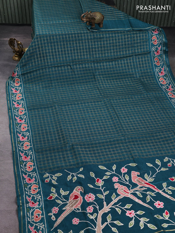 Semi tussar saree peacock green with allover zari checked pattern and embroidery border