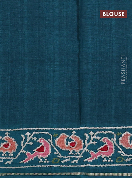 Semi tussar saree peacock green with allover zari checked pattern and embroidery border