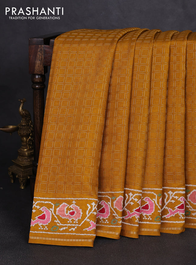 Semi tussar saree mustard yellow with allover zari checked pattern and embroidery border