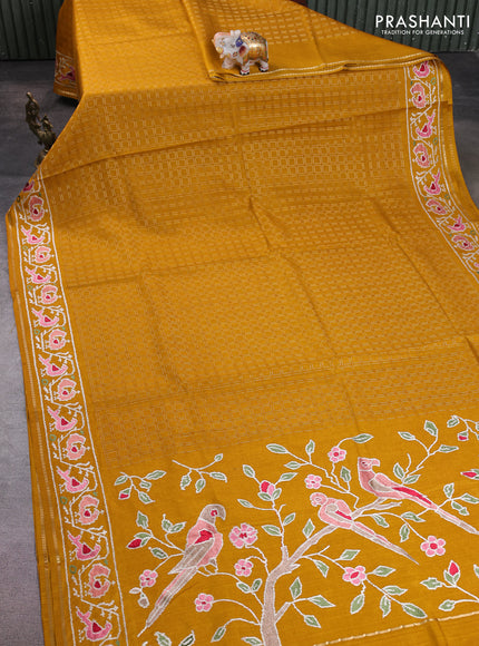 Semi tussar saree mustard yellow with allover zari checked pattern and embroidery border
