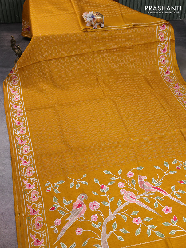 Semi tussar saree mustard yellow with allover zari checked pattern and embroidery border