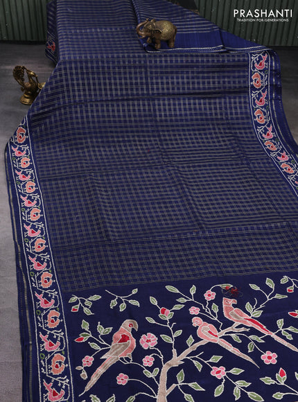 Semi tussar saree navy blue with allover zari checked pattern and embroidery border