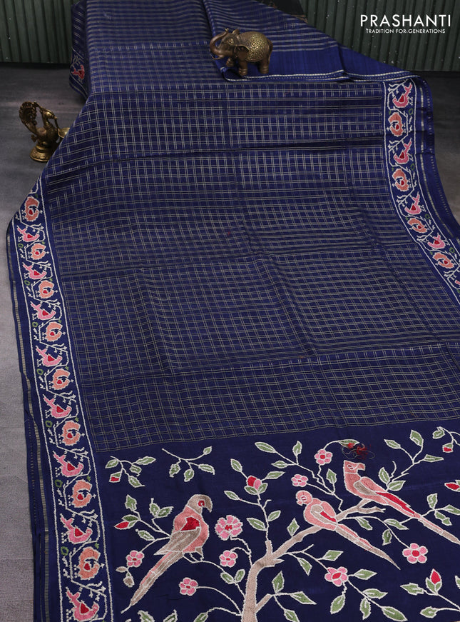 Semi tussar saree navy blue with allover zari checked pattern and embroidery border