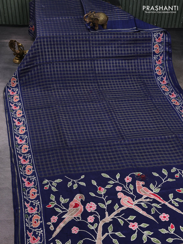 Semi tussar saree navy blue with allover zari checked pattern and embroidery border