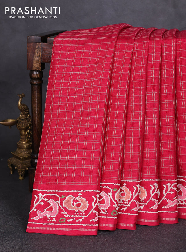 Semi tussar saree dark pink with allover zari checked pattern and embroidery border