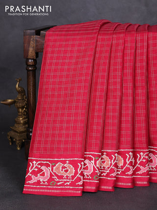 Semi tussar saree dark pink with allover zari checked pattern and embroidery border