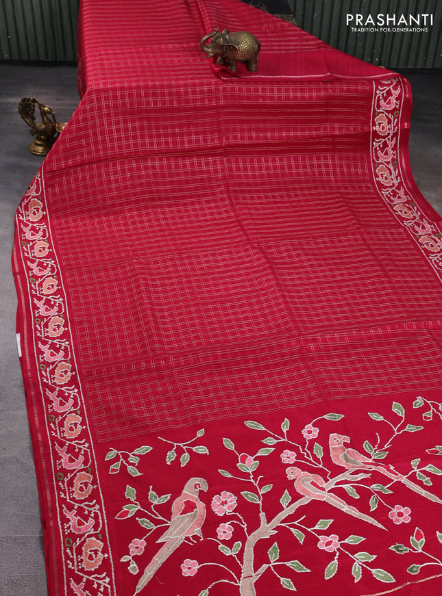Semi tussar saree dark pink with allover zari checked pattern and embroidery border