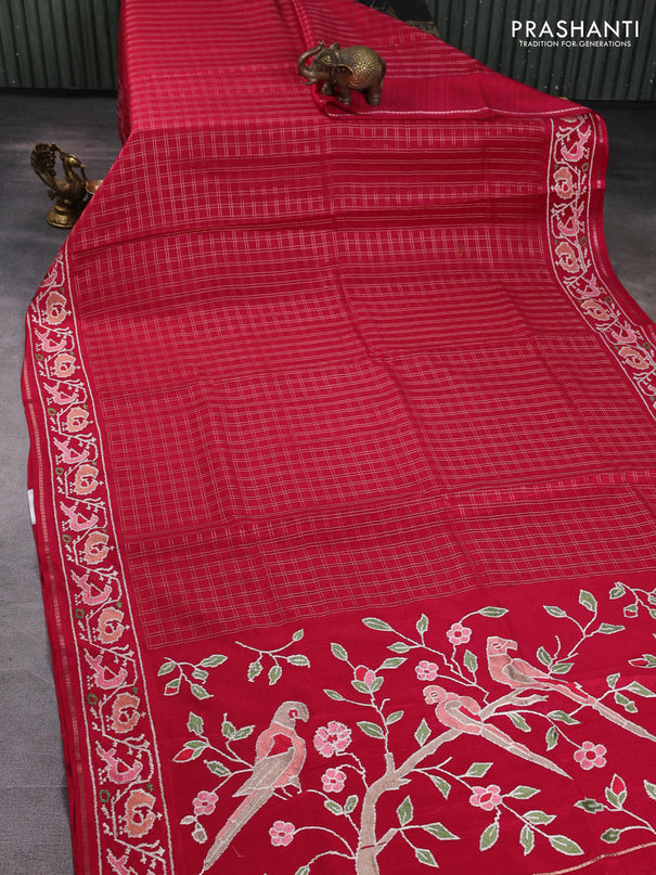 Semi tussar saree dark pink with allover zari checked pattern and embroidery border
