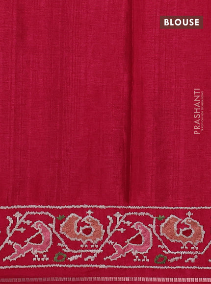 Semi tussar saree dark pink with allover zari checked pattern and embroidery border