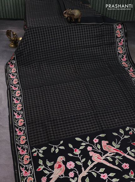 Semi tussar saree black with allover zari checked pattern and embroidery border