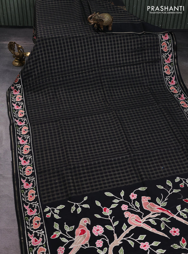 Semi tussar saree black with allover zari checked pattern and embroidery border