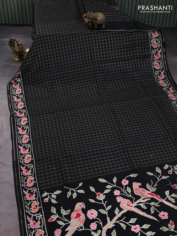 Semi tussar saree black with allover zari checked pattern and embroidery border