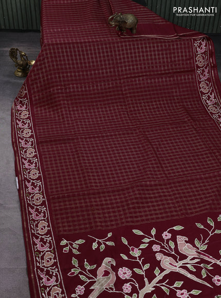 Semi tussar saree deep maroon with allover zari checked pattern and embroidery border